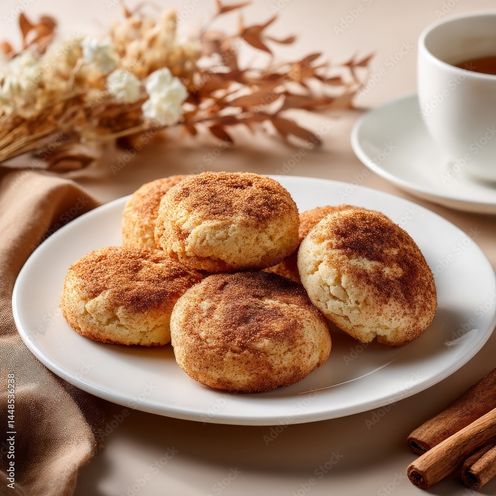 Freshly Baked Sugar Cookies on a Plate Surrounded by Delicate Flowers and a Cup of Tea, Capturing a Warm and Inviting Atmosphere for Cozy Moments Freshly Baked Sugar Cookies on a Plate Surrounded by Delicate Flowers and a Cup of Tea, Capturing a Warm and Inviting Atmosphere for Cozy Moments