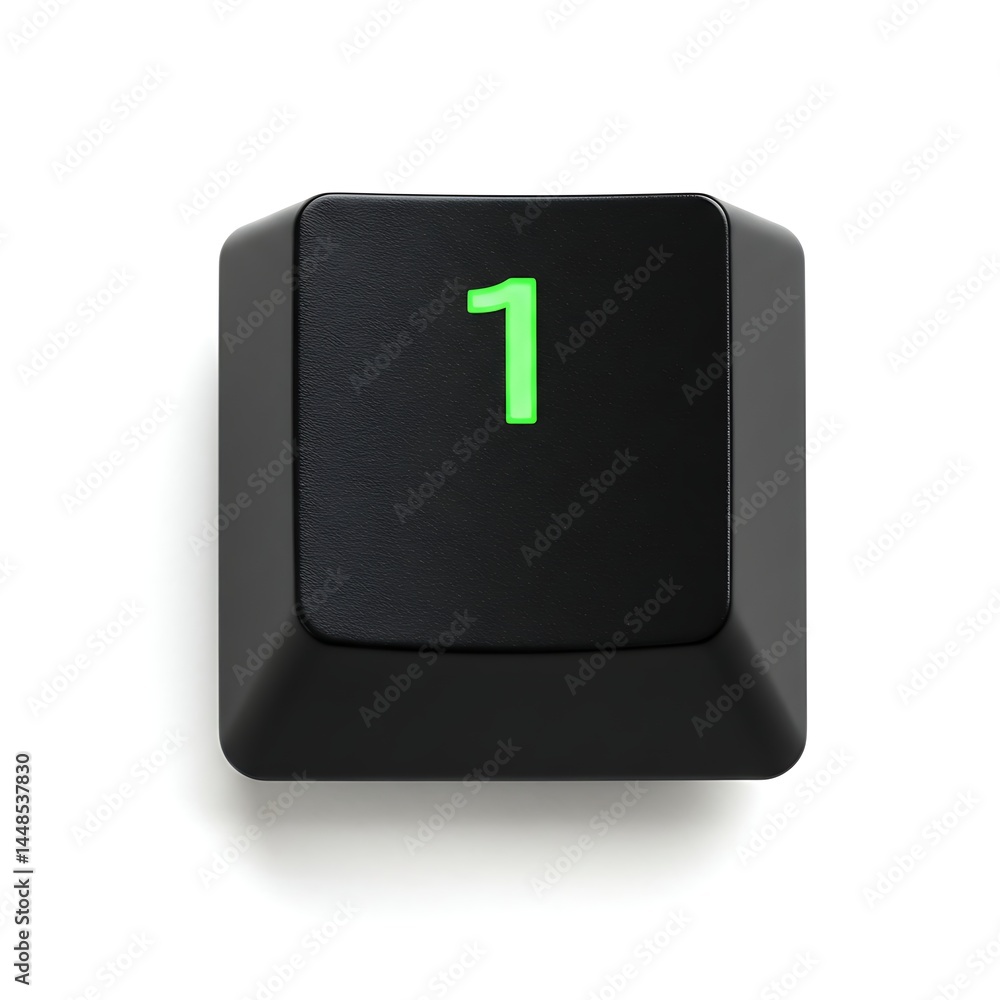 Close-up of a single black keyboard key with a glowing green number one Close-up of a single black keyboard key with a glowing green number one