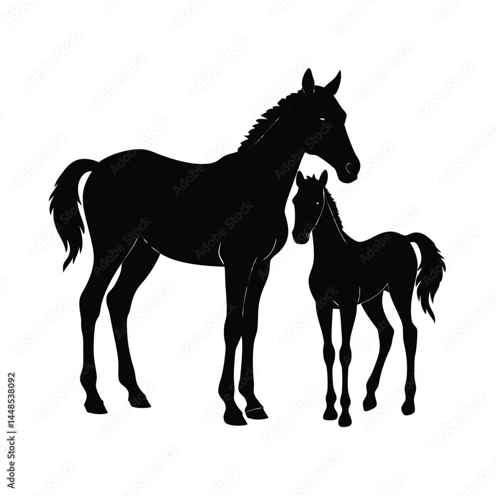 Obraz premium mare foal silhouette side by side vector line art 