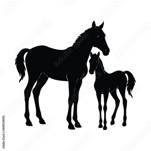 mare foal silhouette side by side vector line art 