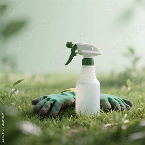 Digital illustration of pesticide bottle and gloves on grass, close-up showing equipment used for outdoor pest control