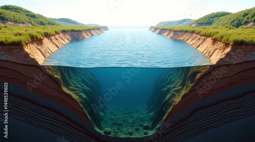 3D Isometric Cross-Section of Deep Sea Channel with Coral Textures