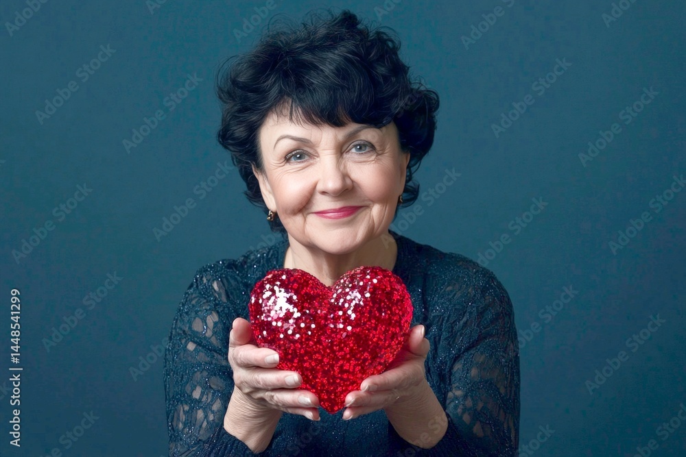 Professional studio picture, copy space. Isolated white old woman on rich dark blue background with sparkling rhinestones heart in hands. Cute Valentine's Day greeting.