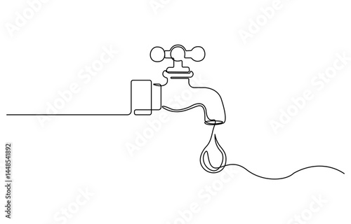 Continuous one line drawing of water faucet. One line drawing illustration of tap water. International handwashing day concept line art. Editable outline, Water tap with flowing water in one line art.