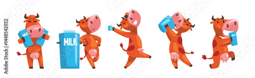 Funny Cow Farm Animal Character with Milk Vector Set