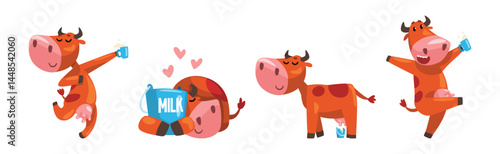 Funny Cow Farm Animal Character with Milk Vector Set