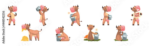 Funny Cow Farm Animal Character with Milk Vector Set