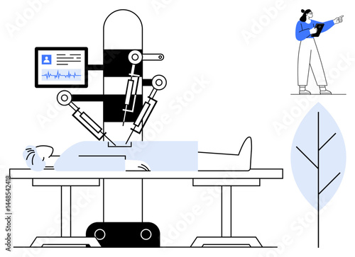 Robotic surgical system operating on a patient, monitored by medical staff with a tablet. Ideal for healthcare, technology, innovation, surgery, futuristic medicine, robotics, simple landing page