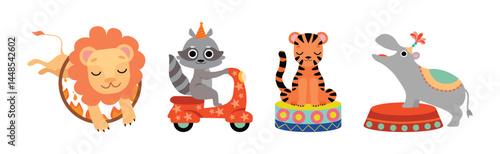 Cute Circus Animal Characters Tame Artist Performing Trick Vector Set