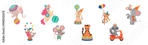 Cute Circus Animal Characters Tame Artist Performing Trick Vector Set