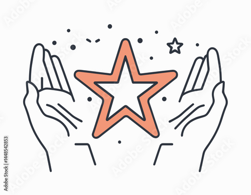 Outline icon value, best score, high quality product, experience. Line sign human hands holding-hugging star symbol. Vector isolated pictograms for web on white background editable stroke.