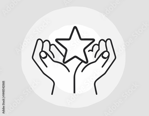 Outline icon value, best score, high quality product, experience. Line sign human hands holding-hugging star symbol. Vector isolated pictograms for web on white background editable stroke.