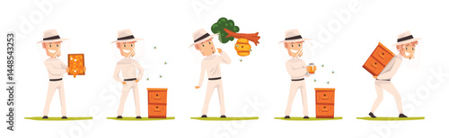 Man Beekeeper Harvest Honey from Bees Vector Set