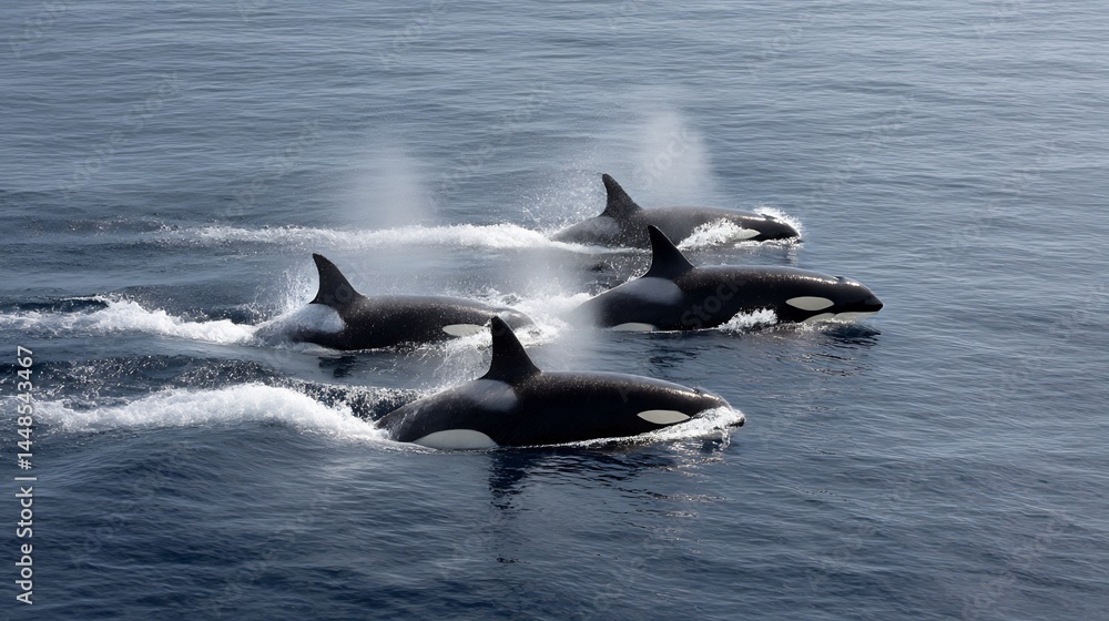 Fototapeta premium A Pod of Orcas Swimming in the Ocean with Sunlight Reflecting on the Surface