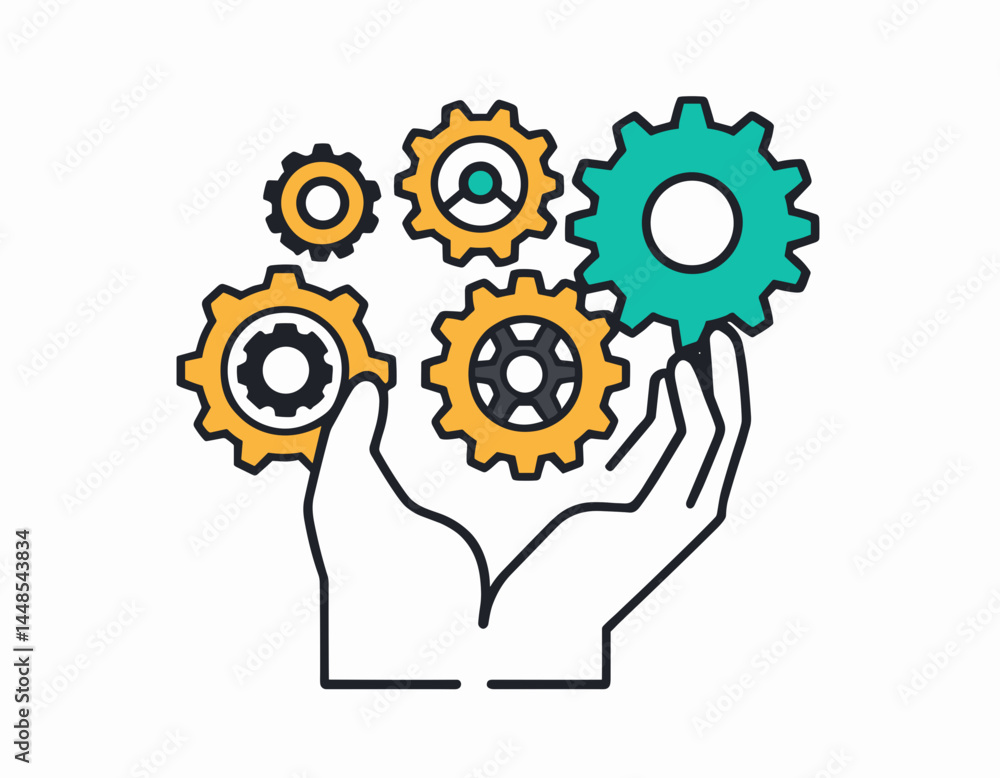 Outline icon easy operation process, maintenance customize, engineering. Line sign human hand holding a gear, cogwheel. Vector isolated pictogram for web on white background editable stroke. Outline icon easy operation process, maintenance customize, engineering. Line sign human hand holding a gear, cogwheel. Vector isolated pictogram for web on white background editable stroke.