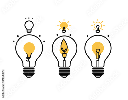 Creative community, collective insight, group knowledge outline icon. Line sign group of three people with light bulb above their heads. Vector isolated pictograms on white background editable stroke.