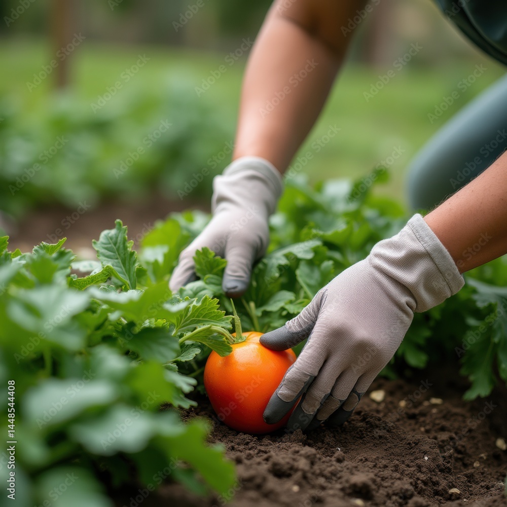 Fototapeta premium Woman’s hands picking vegetables in a garden bed, gloves on, close-up, fresh produce, natural daylight, square composition.