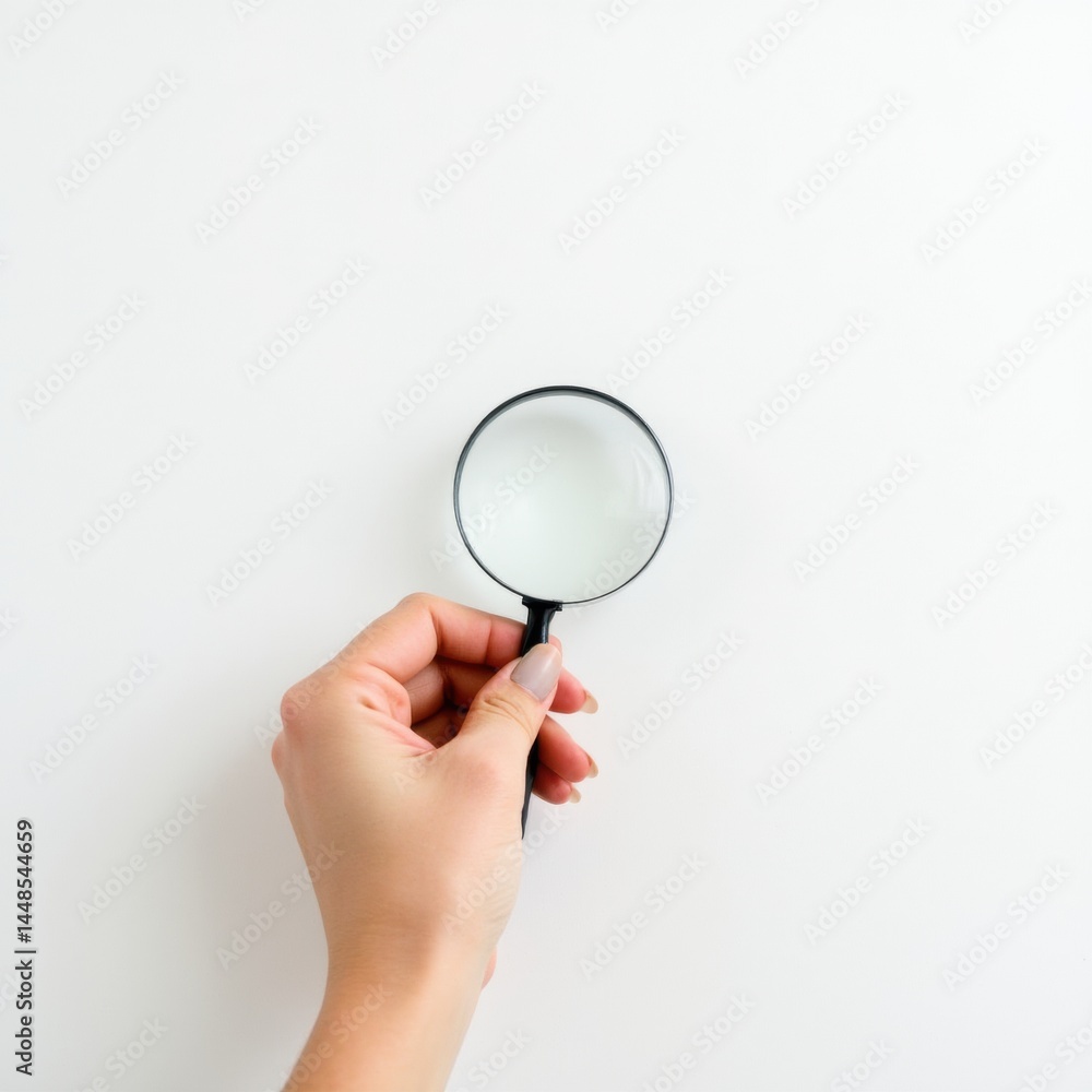 Female hand holds magnifying glass over white background, focus on glass and hand, minimal and modern, square shot.
Female hand holds magnifying glass over white background, focus on glass and hand, minimal and modern, square shot.