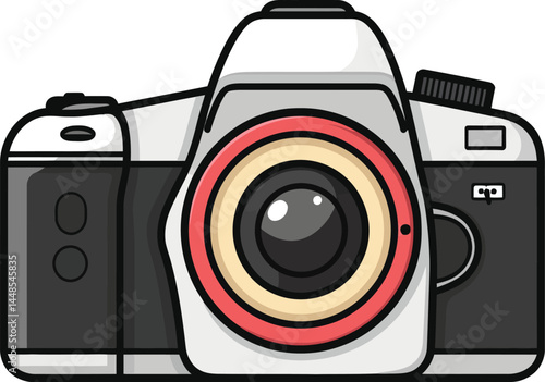 Modern Camera Icon with Red and Yellow Lens on White Background Photography, Technology, and Camera Concept