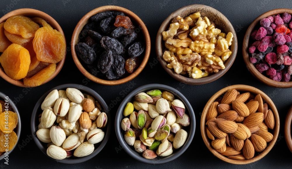 Assorted nuts and dried fruits in bowls on a dark background. Assorted nuts and dried fruits in bowls on a dark background.