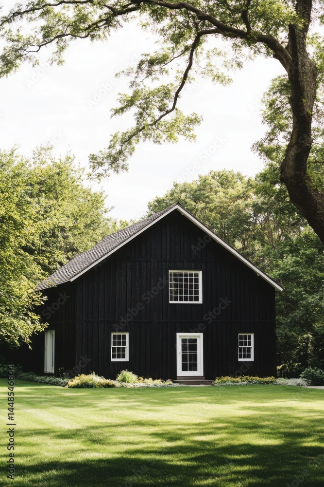 Fototapeta premium Black wooden barn set amidst lush greenery in a tranquil landscape during midday, showcasing architectural charm and natural beauty