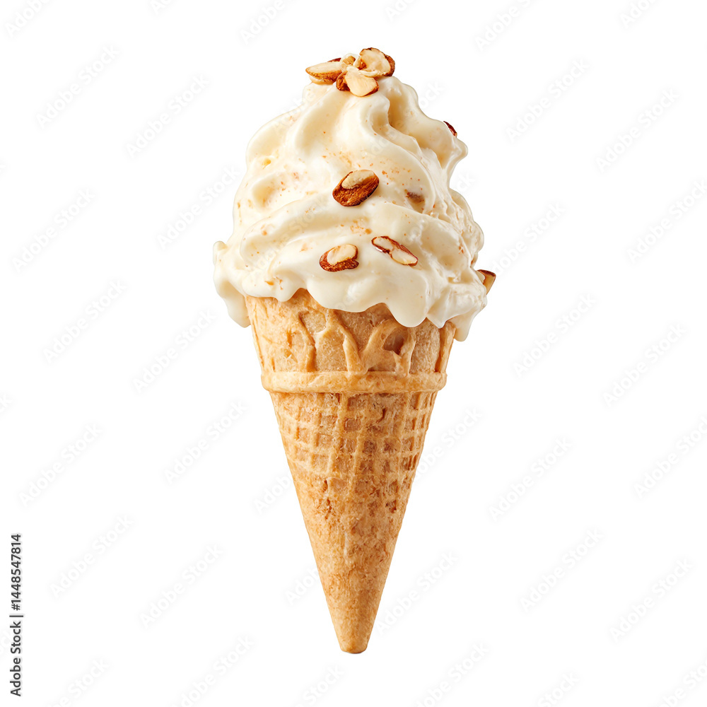 Roasted almond ice cream cone isolated Roasted almond ice cream cone isolated