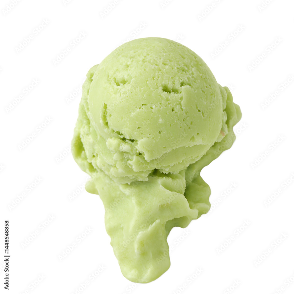 Isolated fresh green matcha ice cream scoop on white background