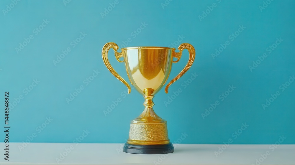 A stunning image of shiny gold trophy cup on blue background. Symbol of win, success. Award for first place in sports, business. Motivation, achievement, victory, champion. A stunning image of shiny gold trophy cup on blue background. Symbol of win, success. Award for first place in sports, business. Motivation, achievement, victory, champion.