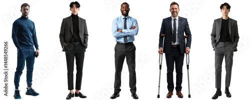 Diverse business team cutout, professionals including Estonian tech innovator, Korean man, non-binary person, man with crutches. Isolated on transparent background for corporate diversity visuals.