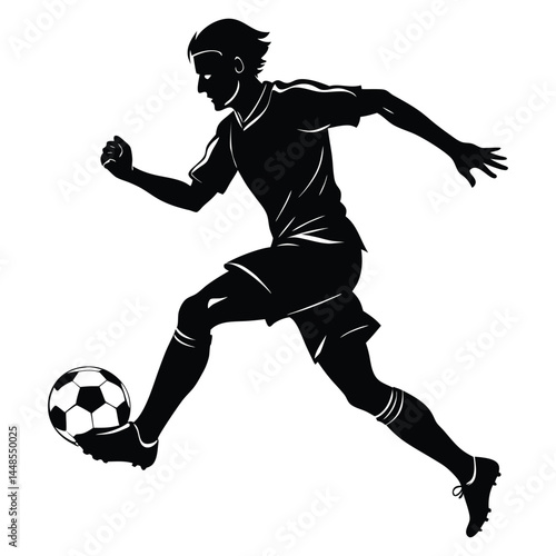 A dynamic black silhouette of a young soccer player running and kicking a soccer ball, capturing the energy and movement of the sport 