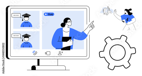 Teacher points at screen during live class with two students, gear symbol and creative future visualization. Ideal for education, tech, teamwork, innovation, leadership, training knowledge. Flat