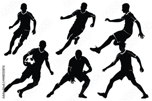 Soccer players silhouettes in dynamic poses, professional athletes vector art for designs