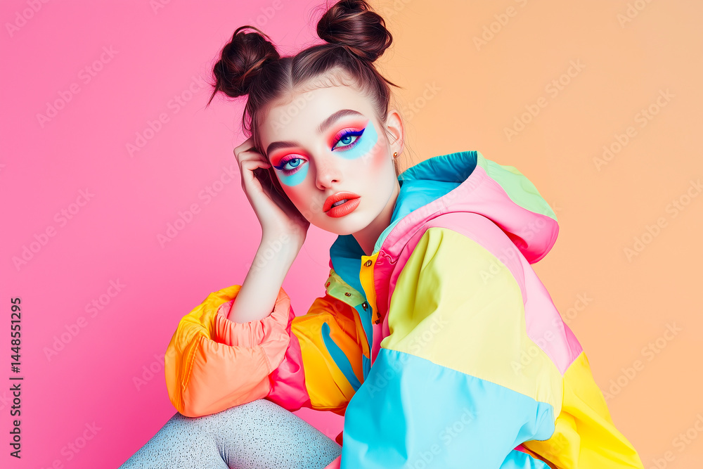 Fototapeta premium Colorful makeup girl in rainbow windbreaker on pastel orange background.