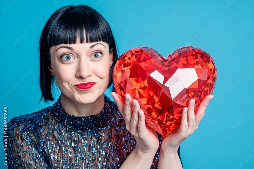 Cute Valentine's Day greeting. Isolated white adult woman on rich dark blue background with diamond heart in hands. Professional studio pic, copy space.