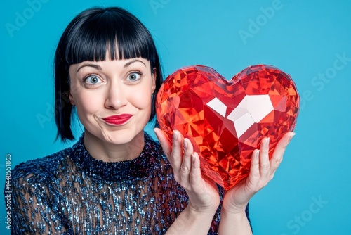 Obraz na płótnie Cute Valentine's Day greeting. Isolated white adult woman on rich dark blue background with diamond heart in hands. Professional studio pic, copy space. w salonie