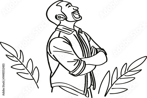 Optimistic Man With Crossed Arms Looks Up And Enjoys Life Surrounded By Leaves