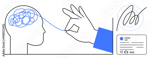 Hand unraveling tangled thoughts in human head symbolizing clarity, creativity, and mental health. Ideal for psychology, problem-solving, brainstorming, communication design, social media, mental