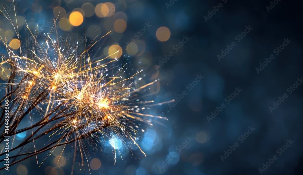 Obraz premium Close-up of sparklers glowing against a soft-focus blue background with orange bokeh lights.
