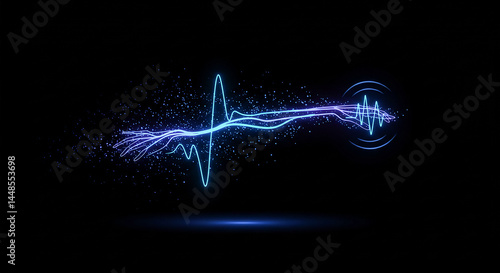 Digital soundwave transforming into vibrating lines on black background