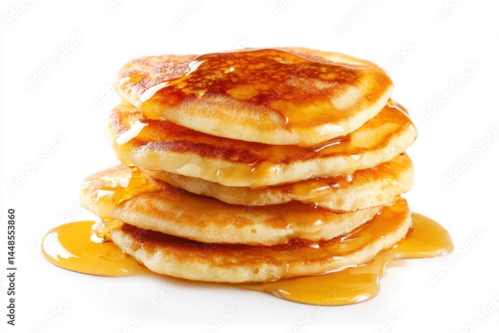 Stack of fluffy pancakes drizzled with golden maple syrup on a clean white background Stack of fluffy pancakes drizzled with golden maple syrup on a clean white background