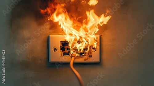 A stunning image of uS Electrical outlet fire caused by plugged-in cord in socket with flames, smoke, sparks. Risks of faulty wiring, short circuit, fire hazards.