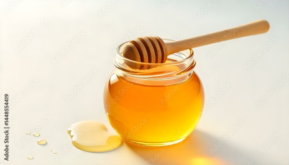Honey in a transparent jar with a honey spoon on a white background Honey in a transparent jar with a honey spoon on a white background