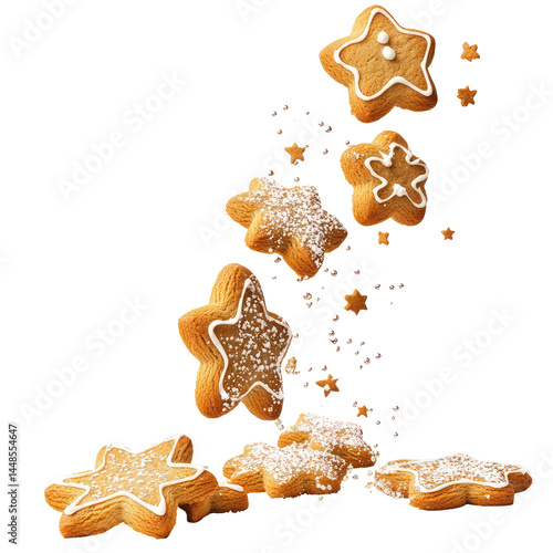 Gingerbread Cookies Falling Through The Air  isolated on a transparent backgroun