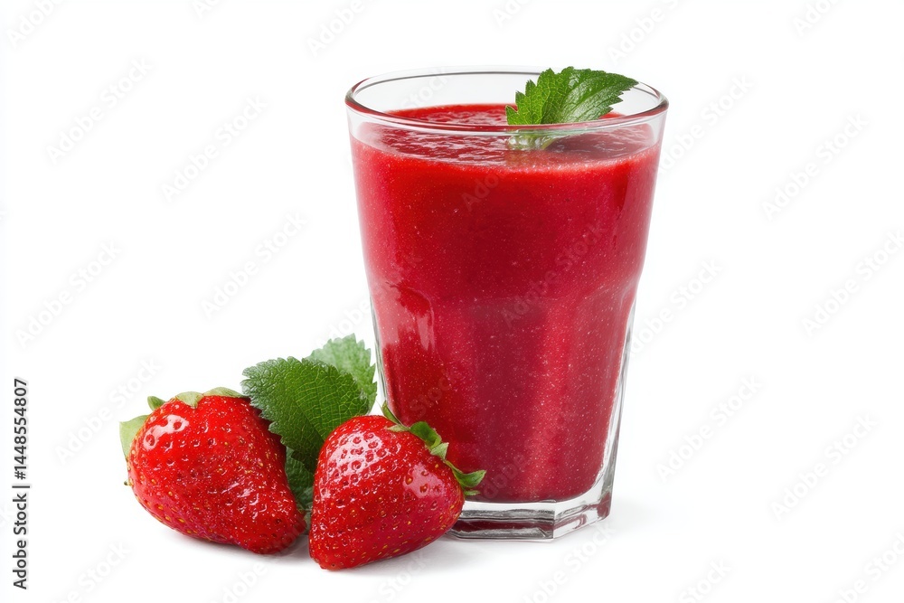 Berry smoothie in a clear glass with fresh strawberries on a white background, showcasing rich colors and textures Berry smoothie in a clear glass with fresh strawberries on a white background, showcasing rich colors and textures