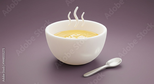 Steaming hot soup in a white bowl with spoon ready to eat