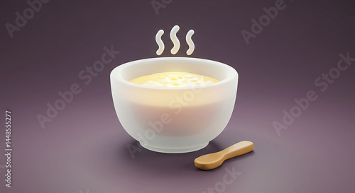 Steaming hot soup in a bowl with a spoon ready to eat
