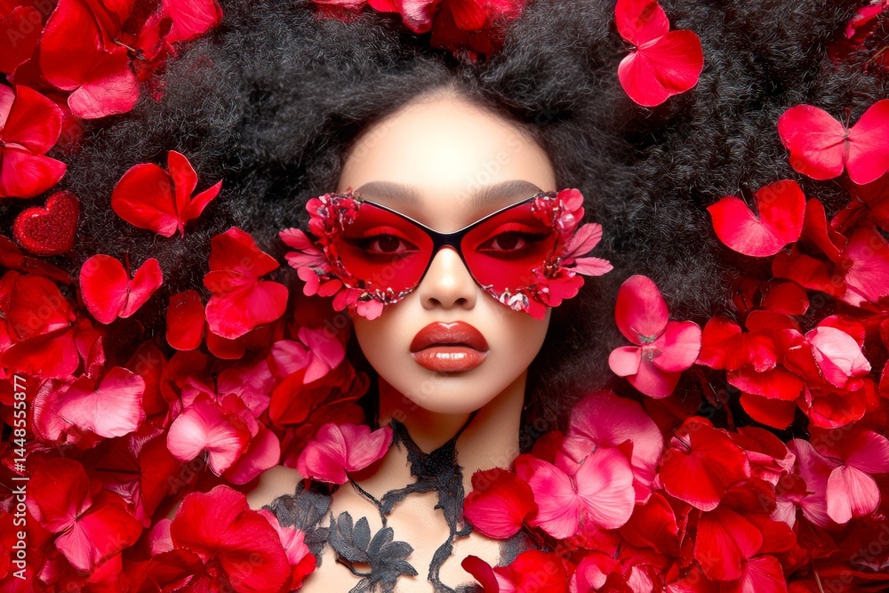Valentine's day greeting from woman or for woman. Impressive striking image of attractive loving black young girl - commercial promotion visual idea. Love and sparkles. Girl's charming love.