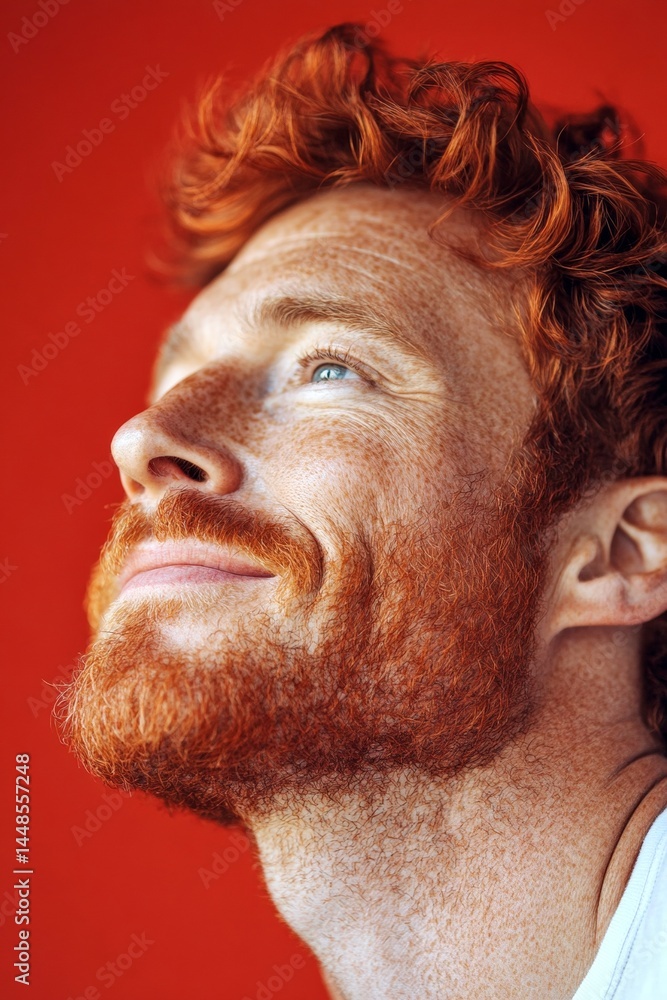 Concept of style for aging men. An artistic and modern man captured in a studio. Fashionable men's crew cut haircut - midlife white man with red hair. Red solid background.