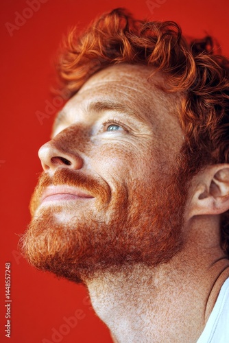Obraz na płótnie Concept of style for aging men. An artistic and modern man captured in a studio. Fashionable men's crew cut haircut - midlife white man with red hair. Red solid background. w salonie