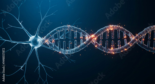 Neuron connecting with glowing dna double helix, genetic research and neurology advancements